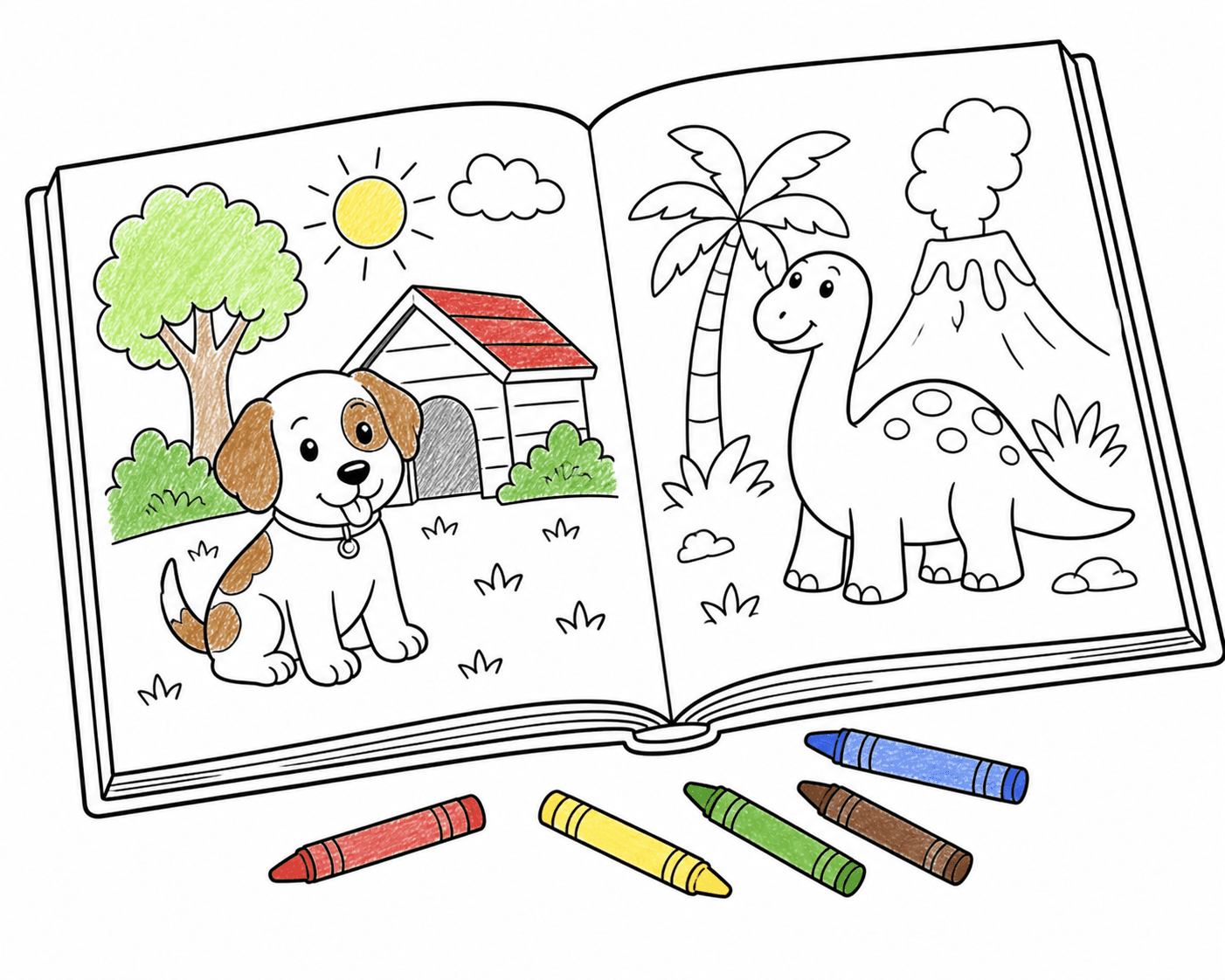 Album de coloriage colorié par un enfant, ouvert à plat