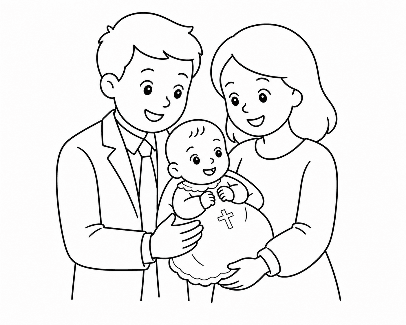 Photo du jour du baptême avec parrain et marraine, transformée en coloriage