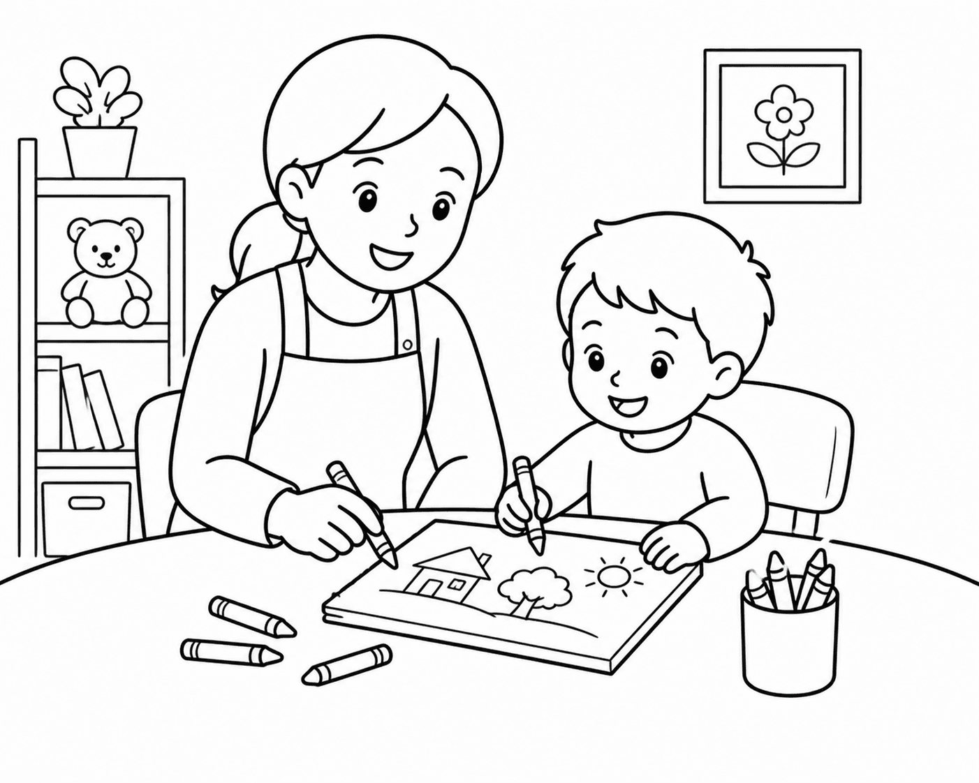 Enfant et nounou lors d'une activité, en illustration au trait