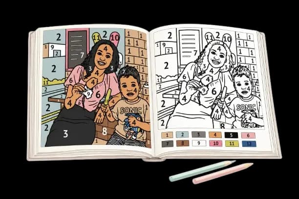 Coloriage au numéro personnalisé créé à partir d'une photo de famille : page modèle numérotée et page à colorier avec légende couleur
