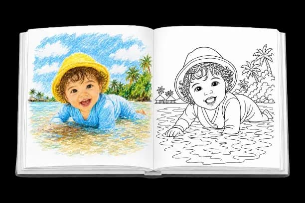 Album de coloriage personnalisé créé à partir d'une photo de famille : page souvenir en couleur et page à colorier au trait