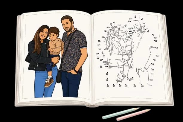 Points à relier personnalisés créés à partir d'une photo de famille : page modèle en couleur et page de points numérotés à relier