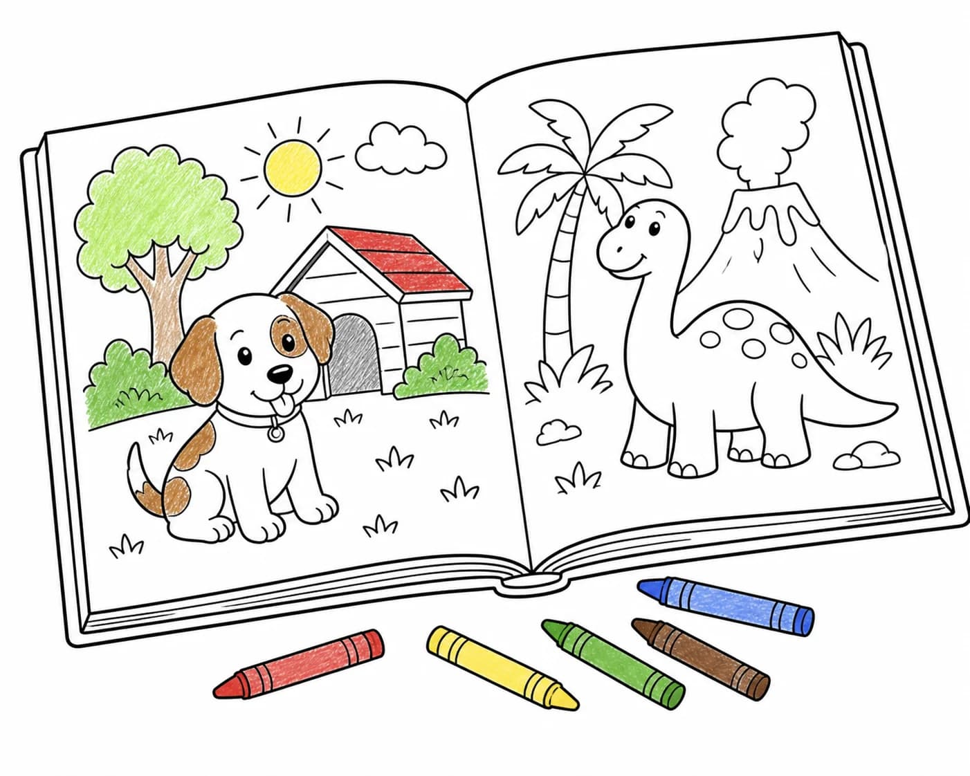 Coloring book coloured by a child, lying open flat