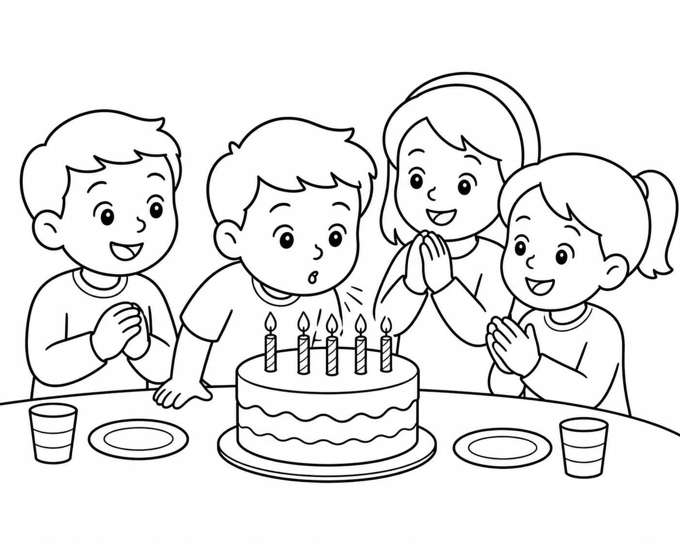 Birthday photo with cake and friends, turned into a coloring page