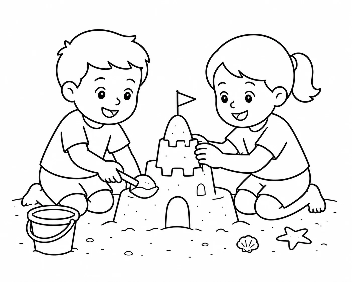 Beach scene with brother and sister rendered as line art
