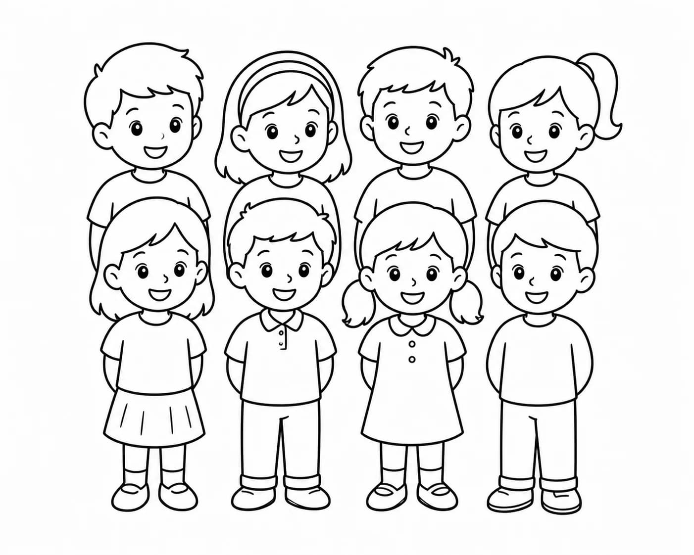 Class or group photo turned into a coloring page for a 5-year-old