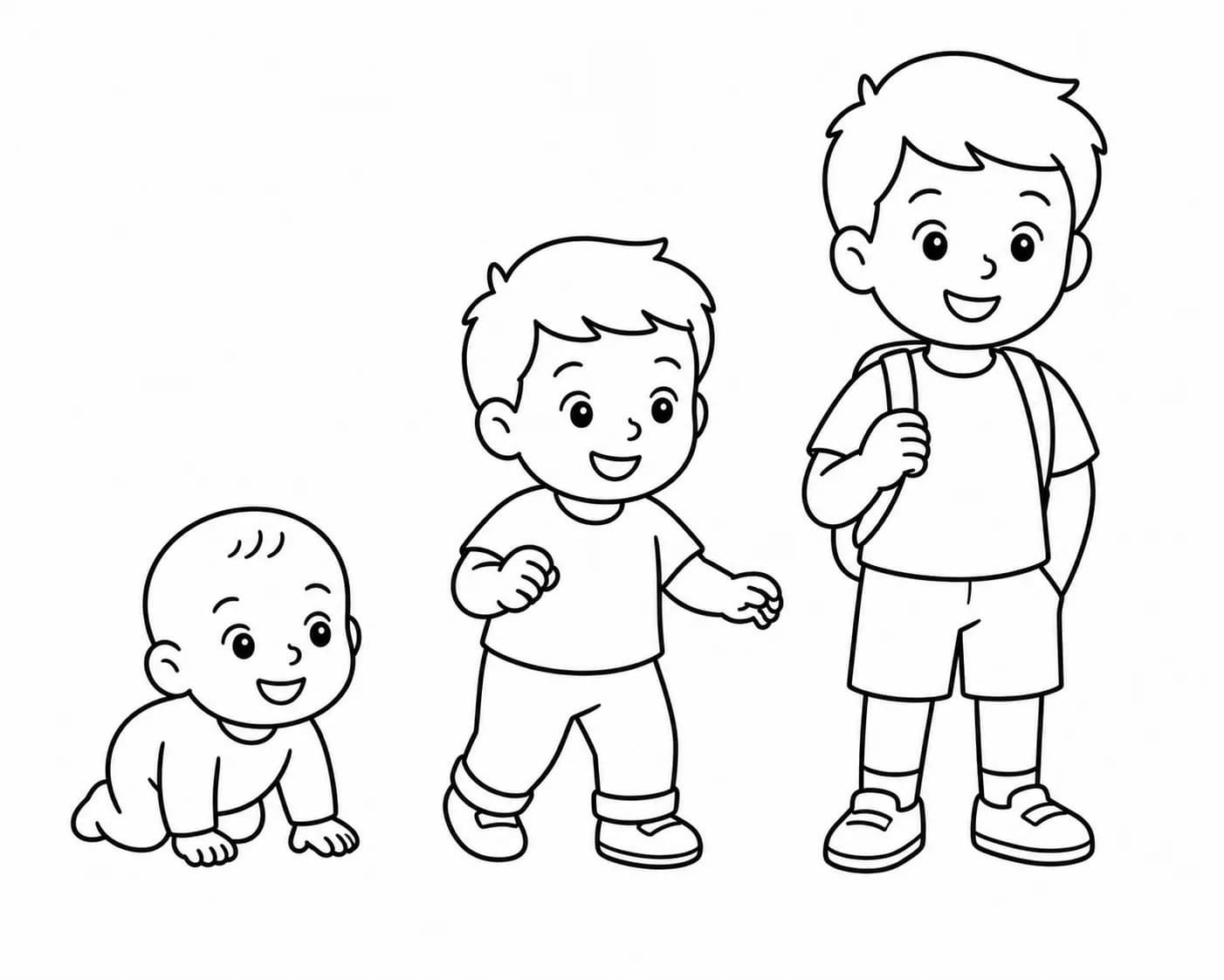 Scene of a child at different ages (baby, 3, 5) rendered as line art