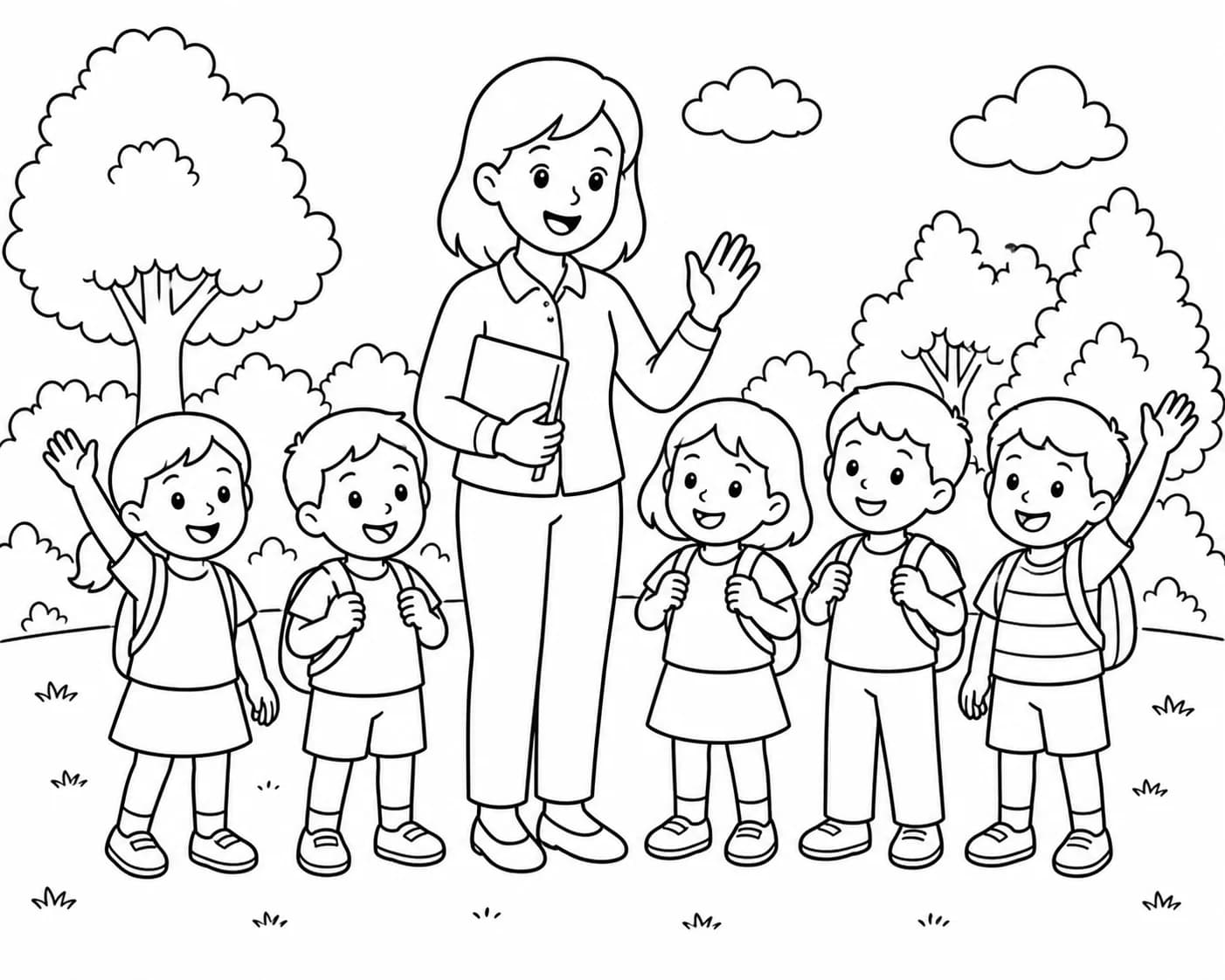 End-of-nursery photo with friends, turned into a coloring page