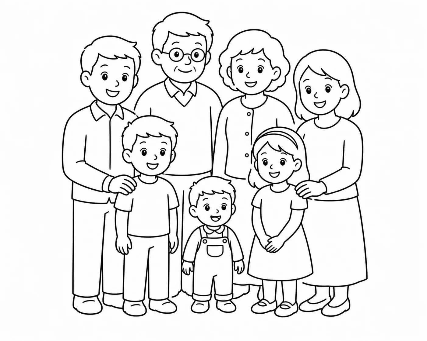 Extended family reunited for an anniversary, rendered as a coloring page