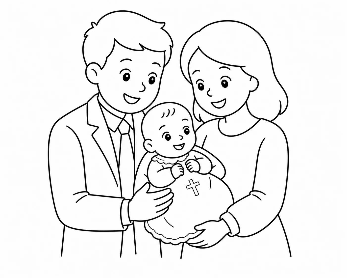 Photo of the christening day with godparents, turned into a coloring page