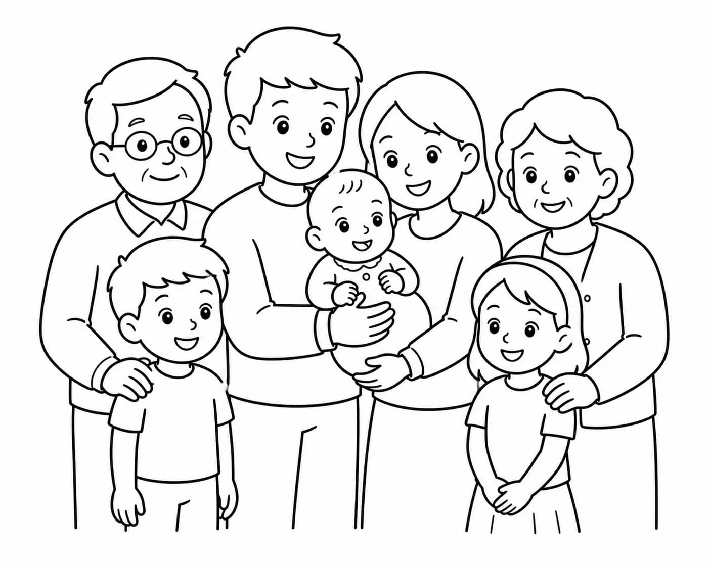 Baby surrounded by close family, rendered in line art