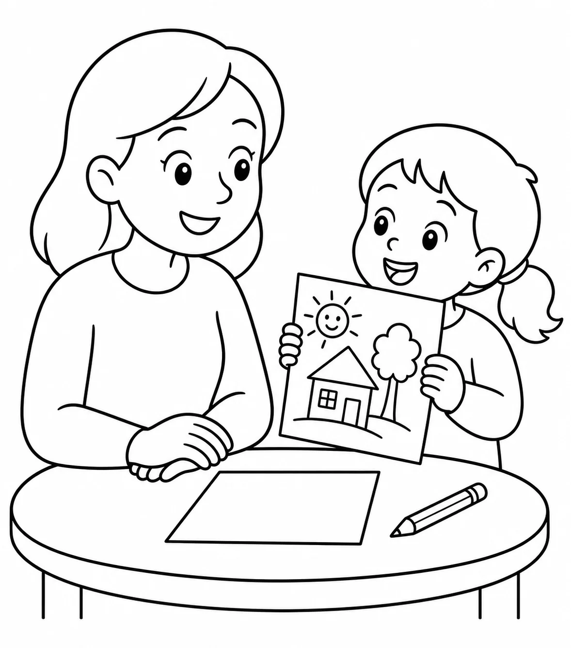 Photo of a mother and her child turned into a coloring page