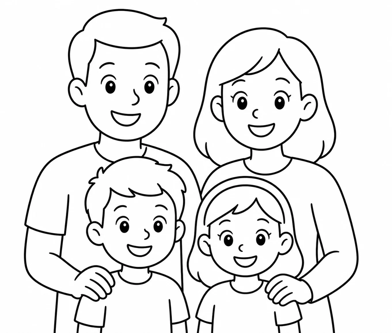 Family portrait turned into a coloring page with dad, mum and the kids