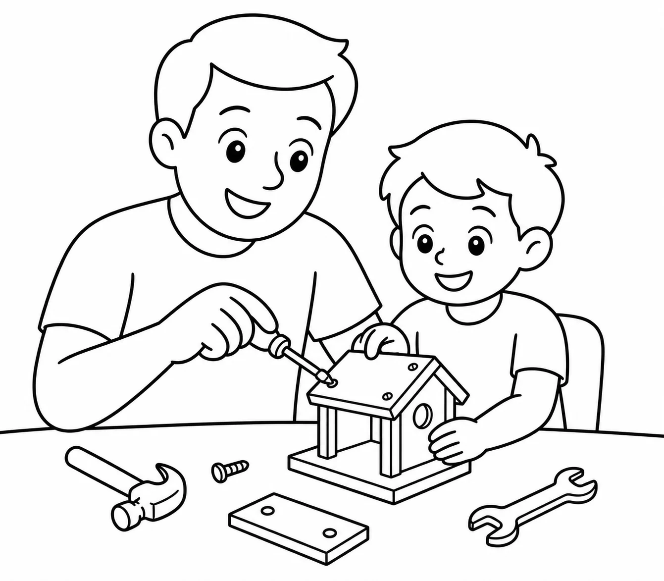 DIY scene with father and child turned into a coloring page