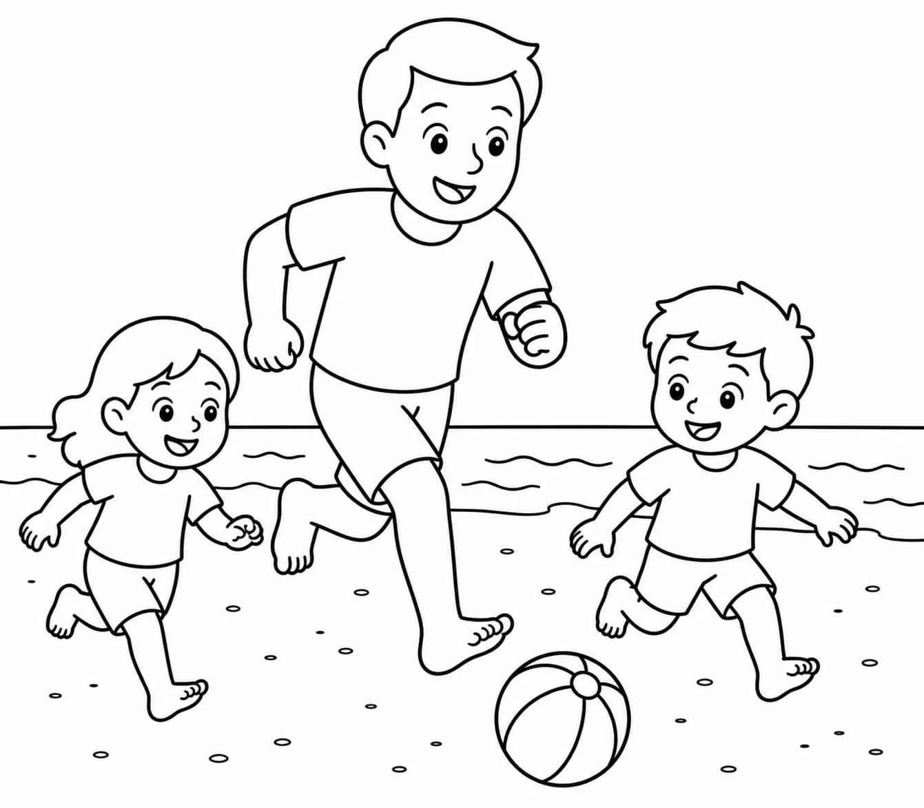 Beach photo with dad and kids turned into a coloring page