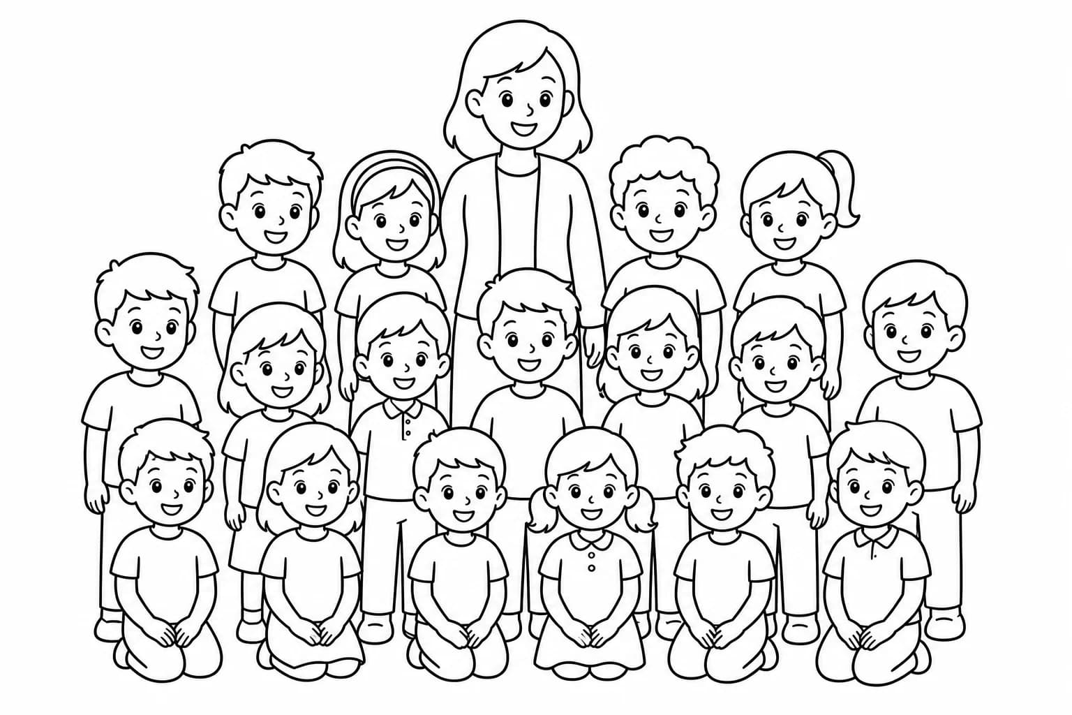 Class photo turned into a coloring page with all the pupils
