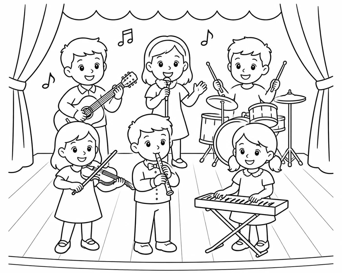 School trip or end-of-year show rendered as line art