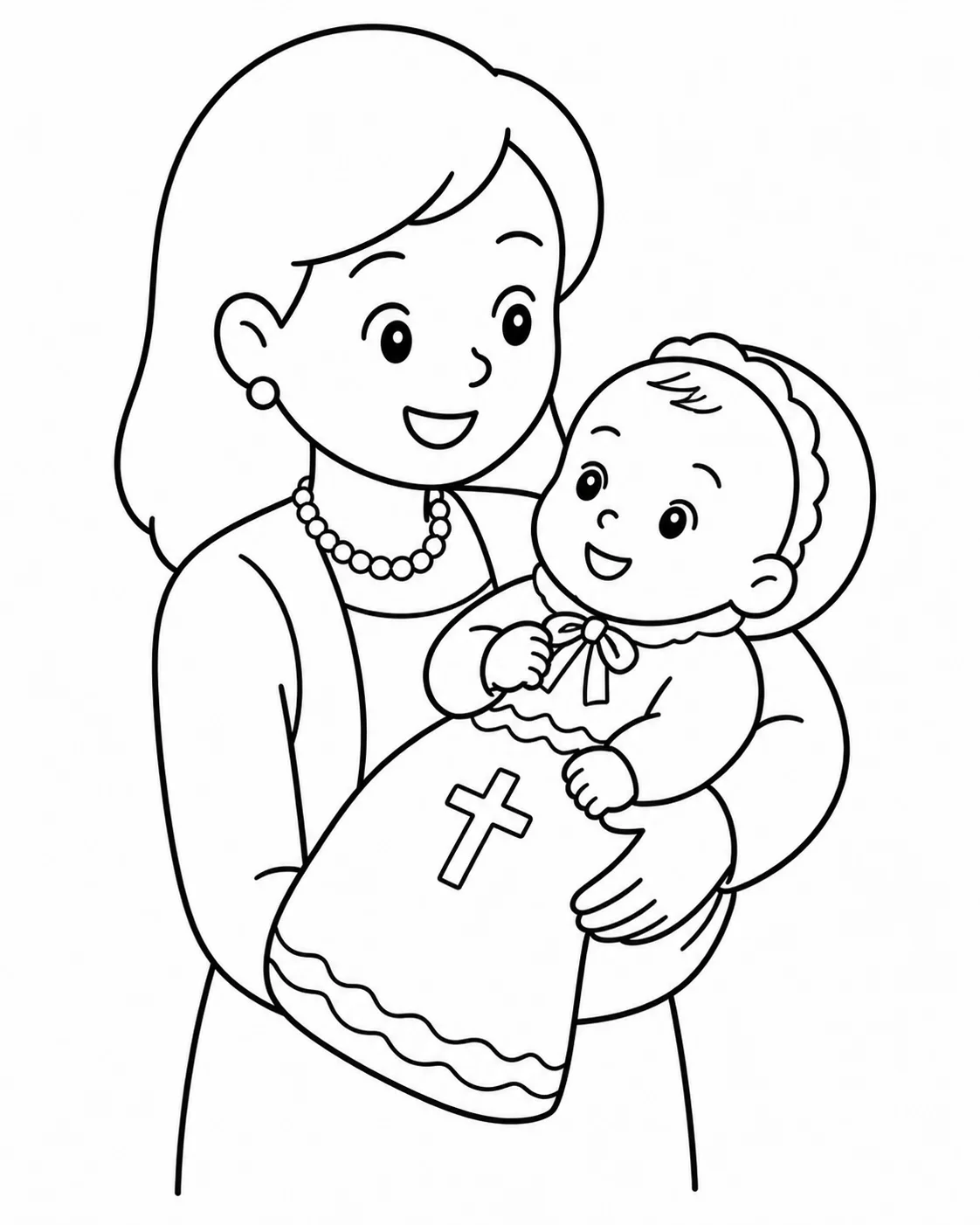 Godmother and godchild at a christening, rendered in line art