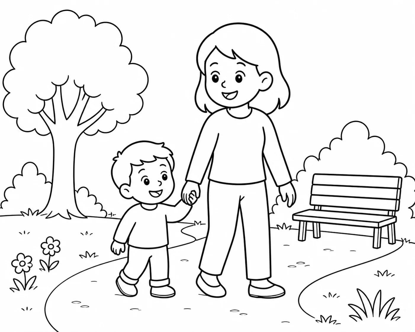 Godmother and godchild on a park outing, turned into a coloring page