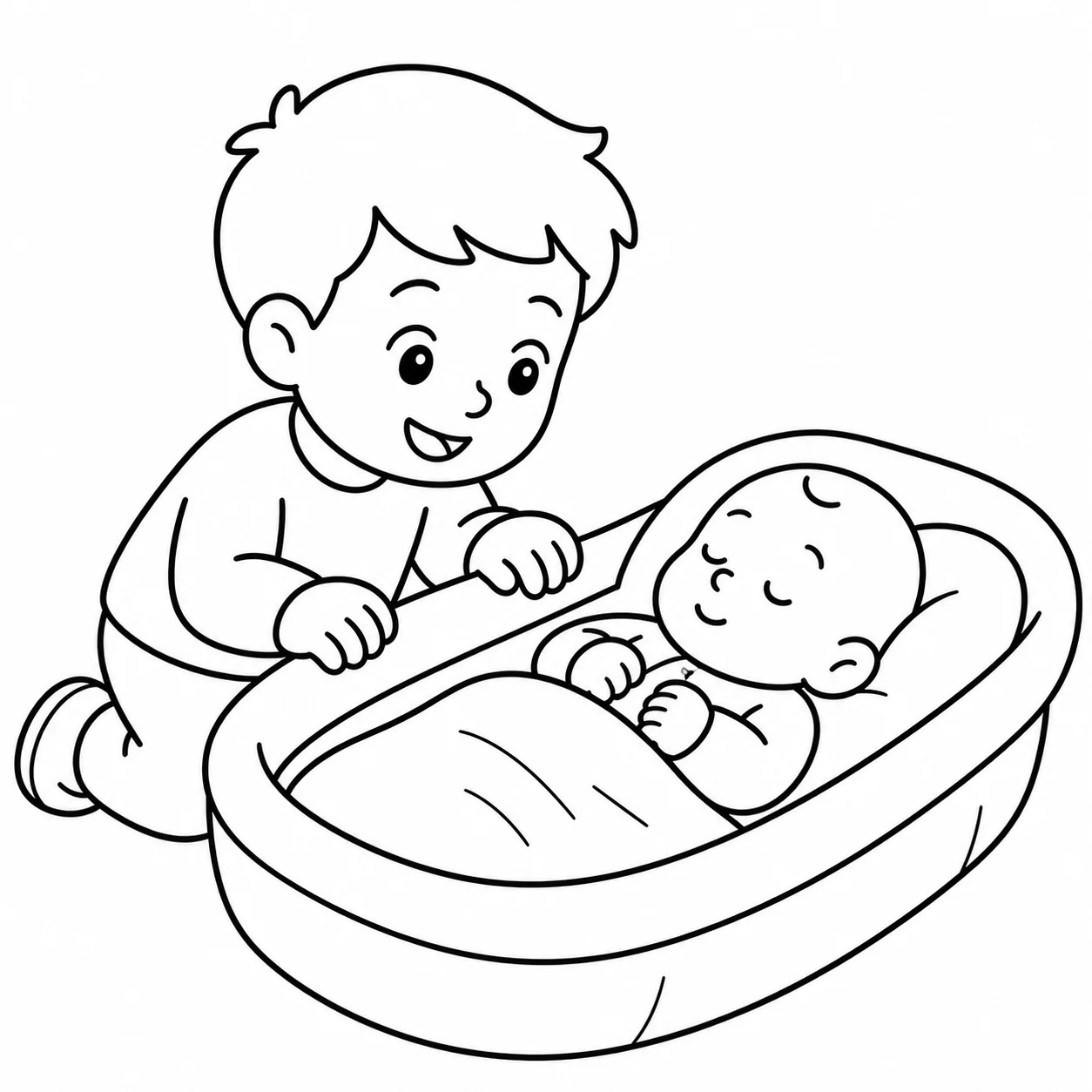 Older sibling meeting the new baby, rendered as a coloring page