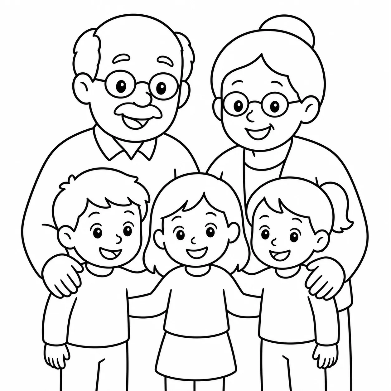 Grandchildren with their grandparents rendered in line art