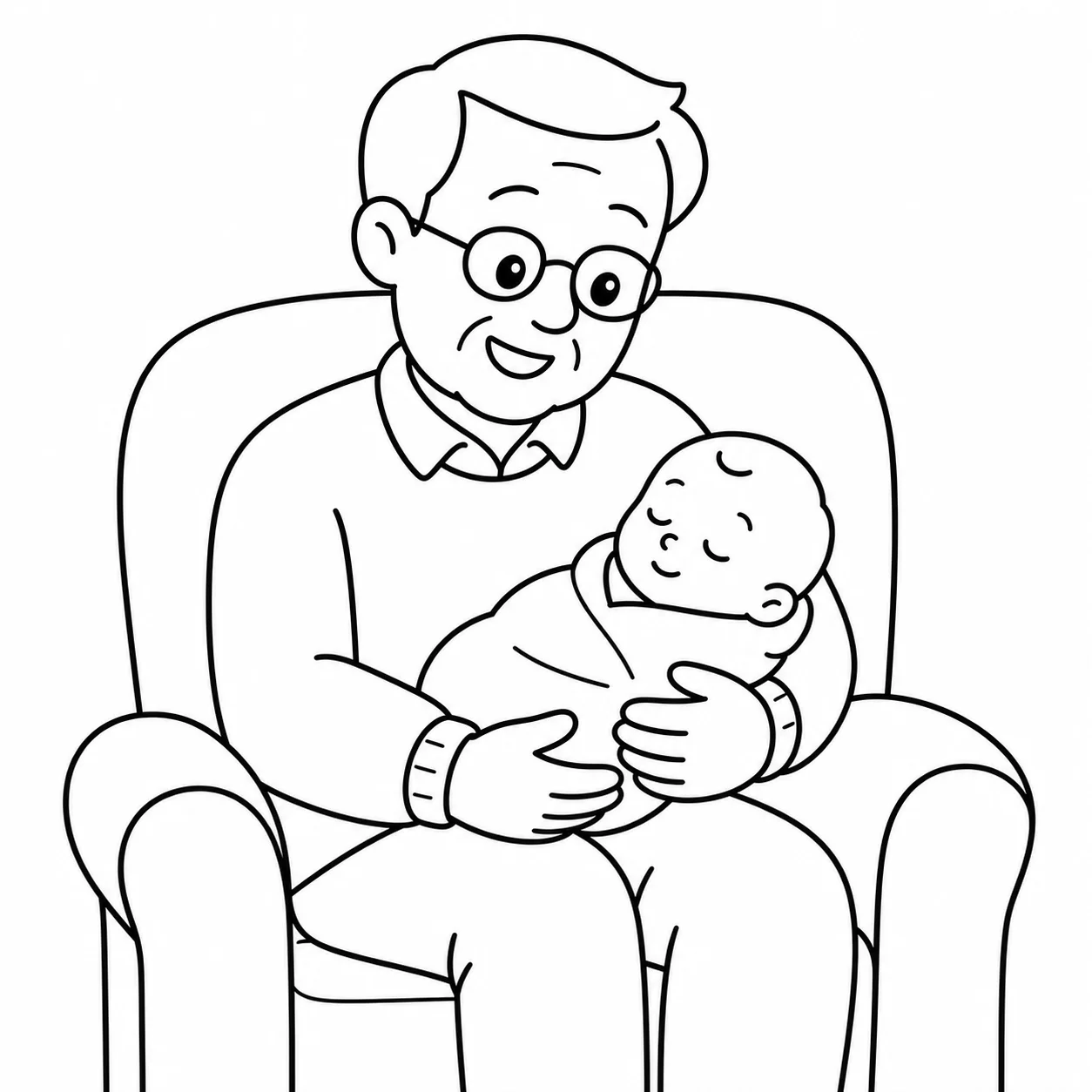 Cross-generation photo of a grandparent with a newborn turned into a coloring page