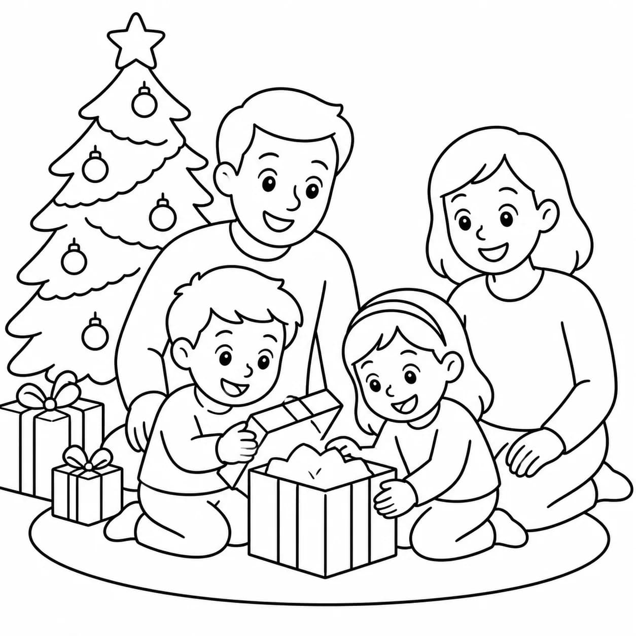 Christmas tree with the family gathered around, rendered as line art
