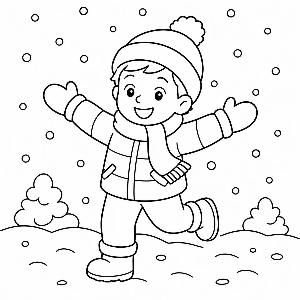 Winter photo of a bundled-up child turned into a coloring page