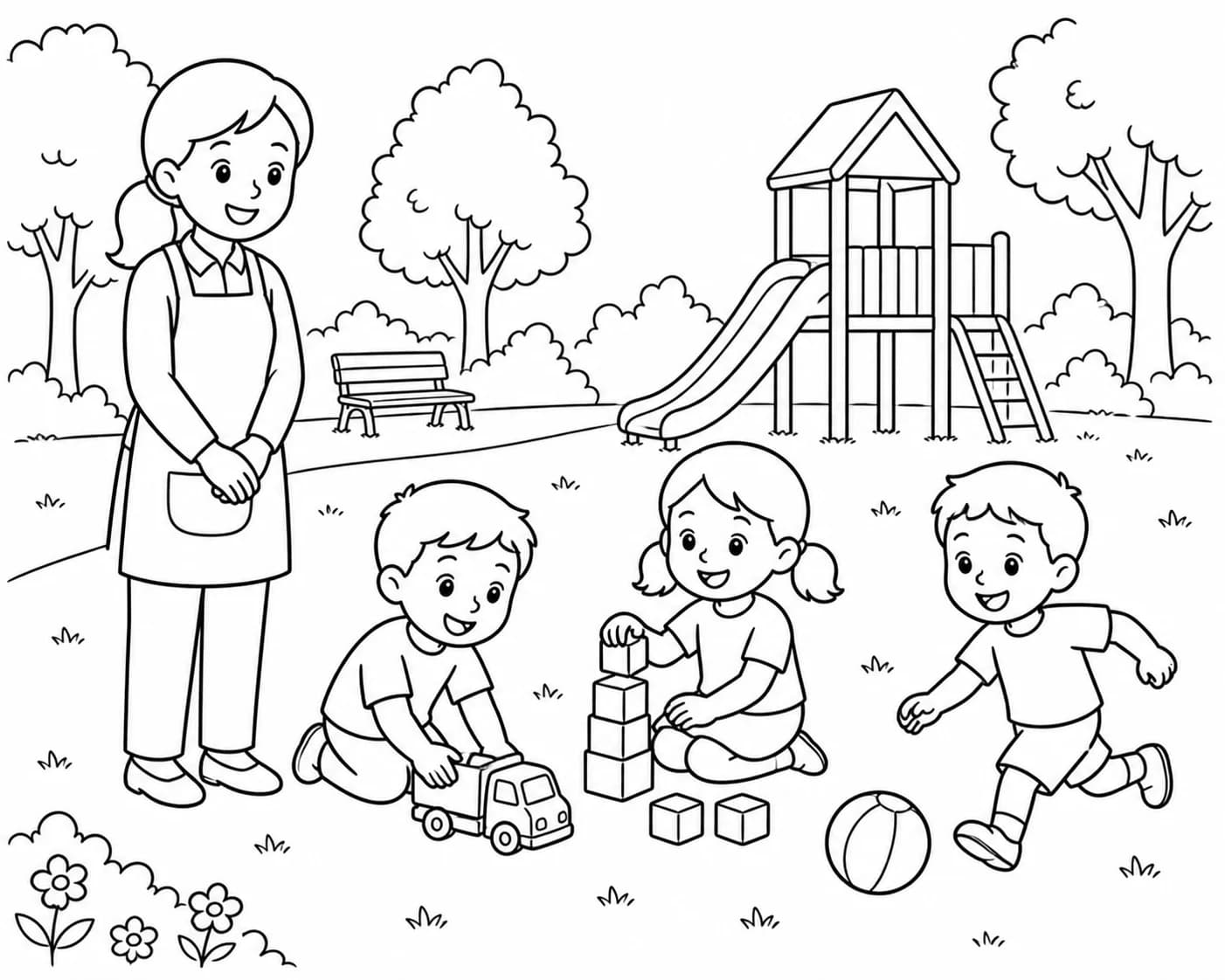 Sortie au parc avec les autres enfants en garde, en coloriage