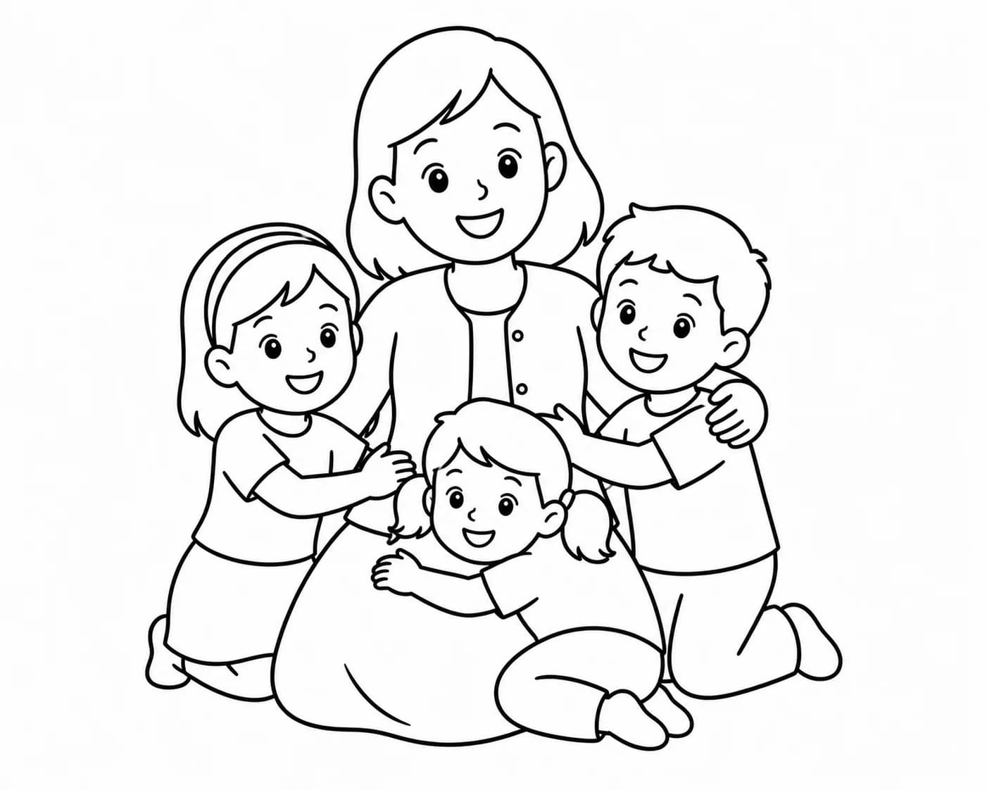 Aunt with her nieces and nephews, turned into a coloring page