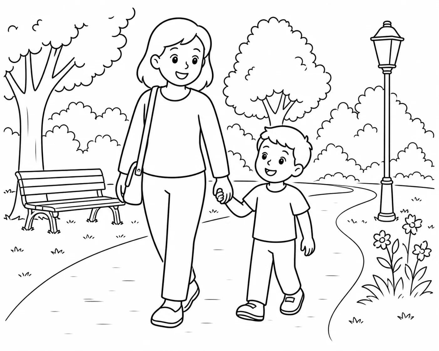 Park outing with the kids, rendered as black-and-white line art